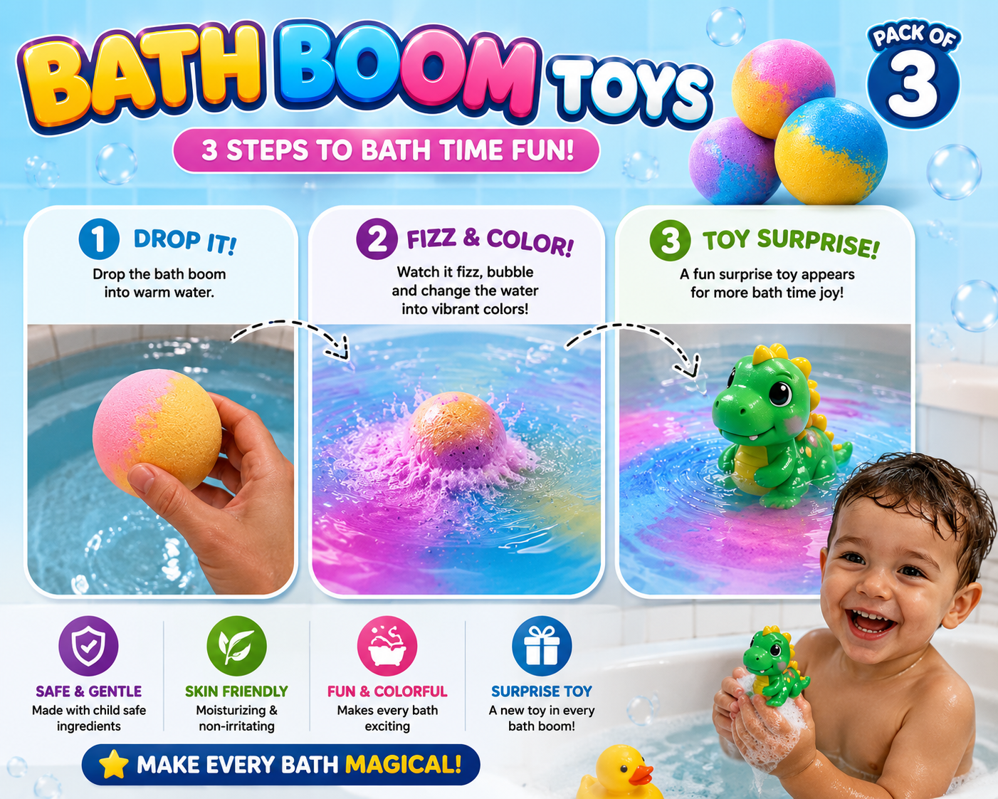 Pack of 3 Bath Boom Surprise Balls – Color Changing Bath Bomb Toys