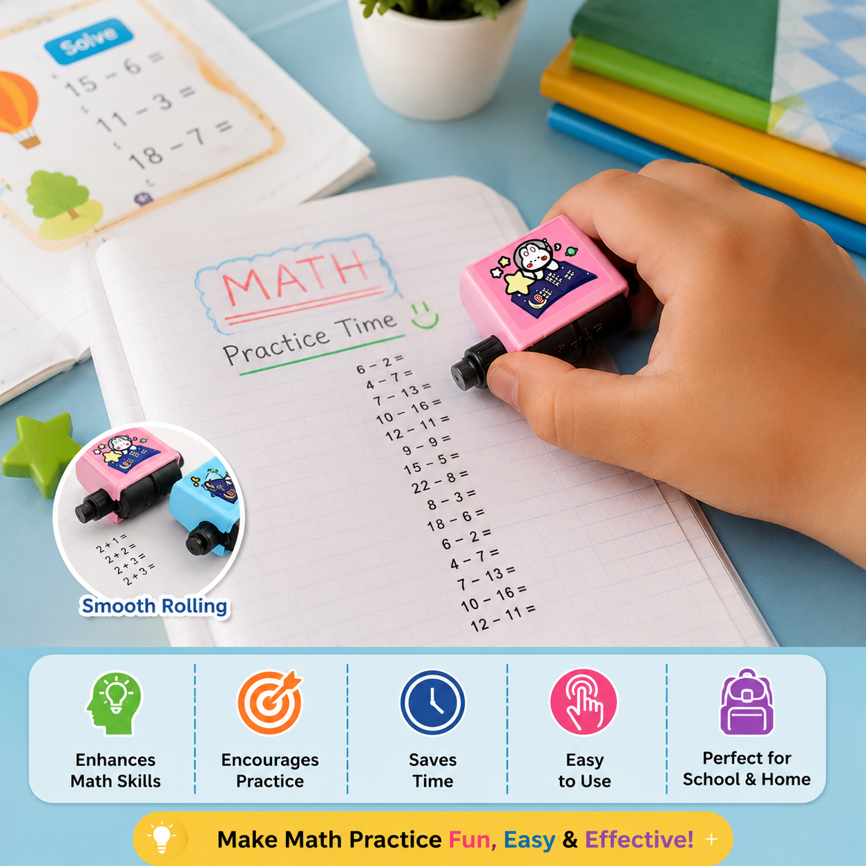 Pack of 2 Math Stamp Roller – Addition & Subtraction Practice Roller
