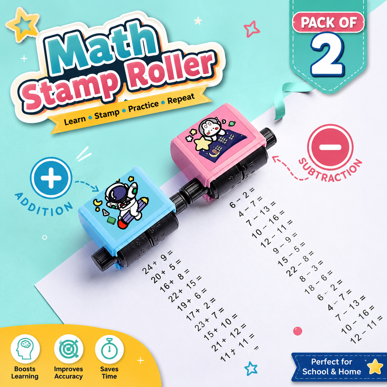 Pack of 2 Math Stamp Roller – Addition & Subtraction Practice Roller